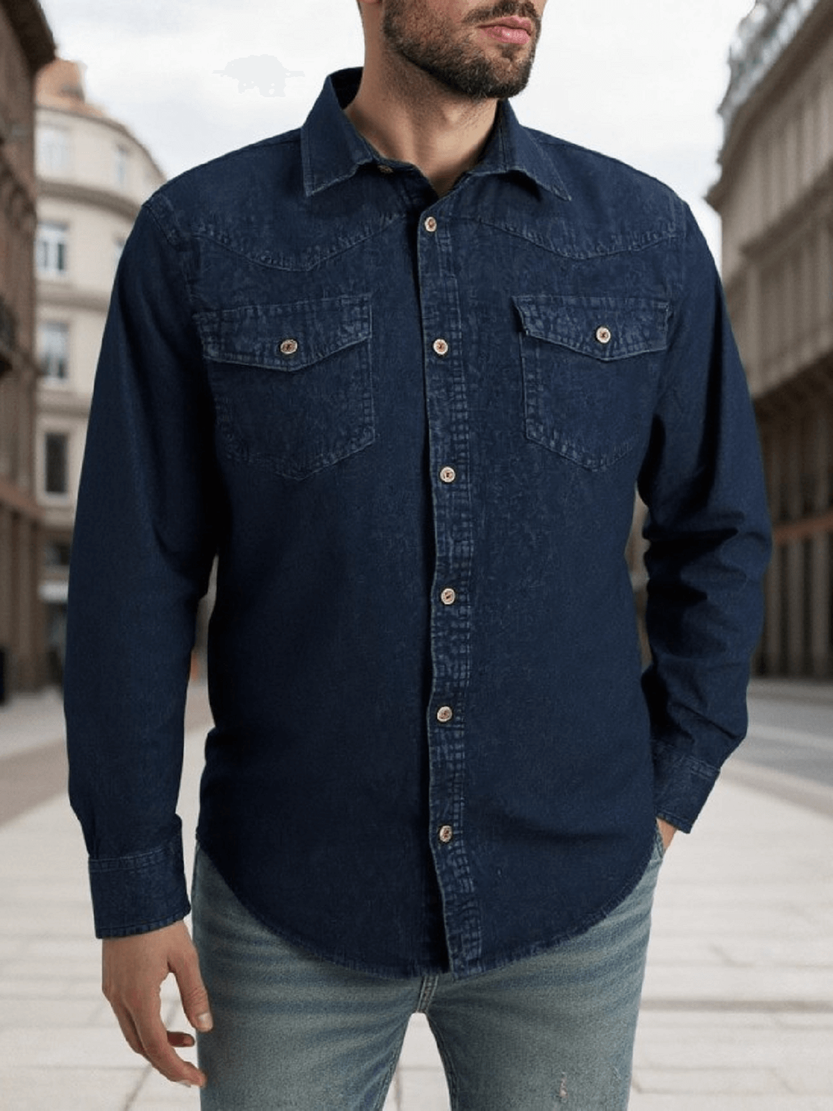 Ανδρικό plus size τζίν πουκάμισο classic style μπλέ χρώμα