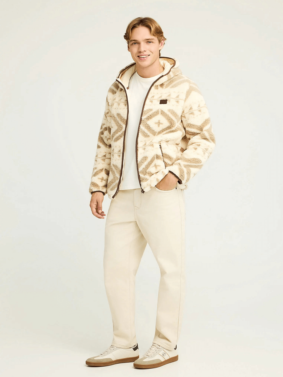 Oversized fleece ζακέτα φούτερ και τσέπες με φερμουάρ Funky Buddha μπέζ χρώμα