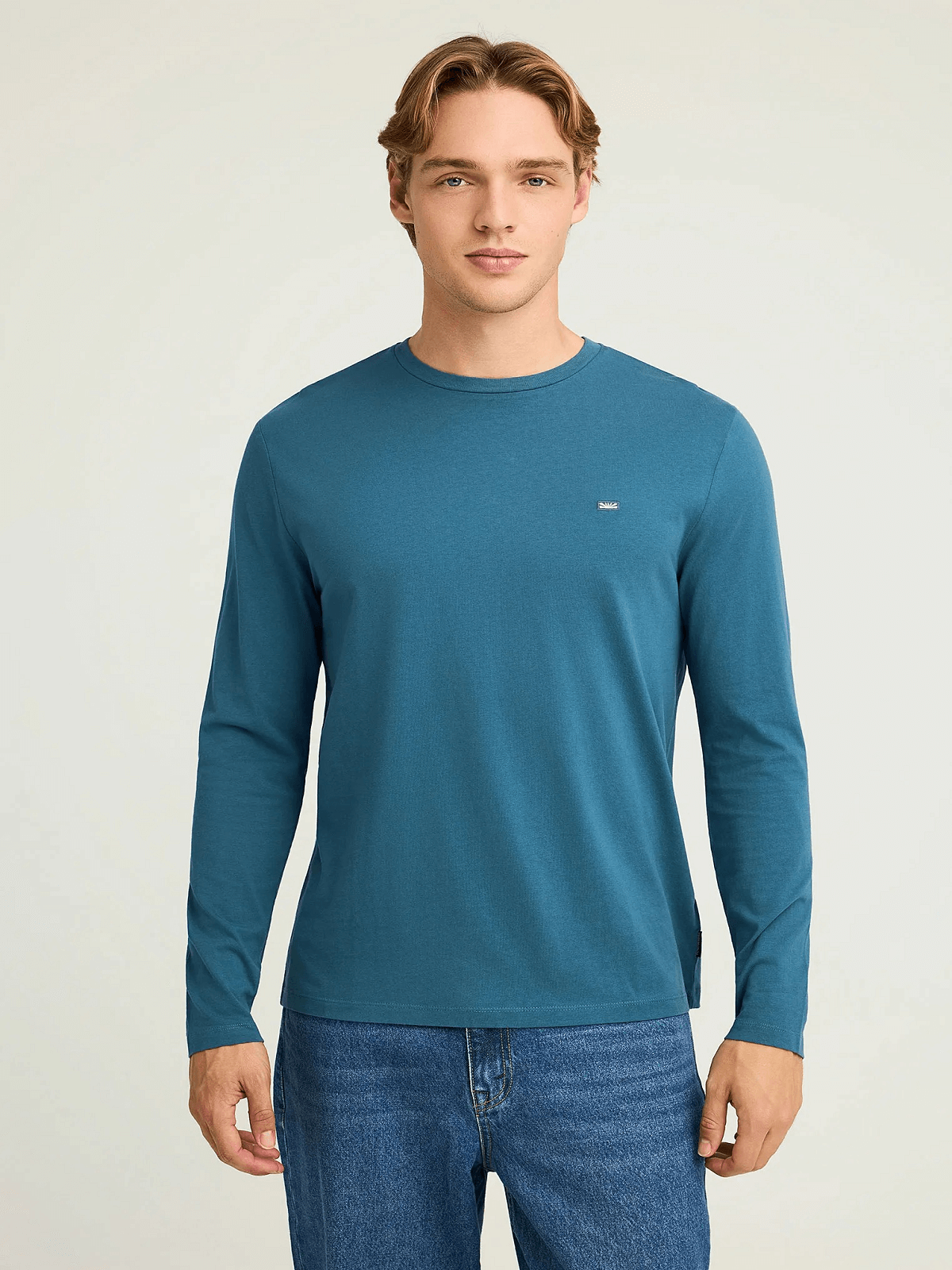 Μακρυμάνικη μονόχρωμη μπλούζα με διακριτικό λογότυπο Funky Buddha πετρόλ χρώμα