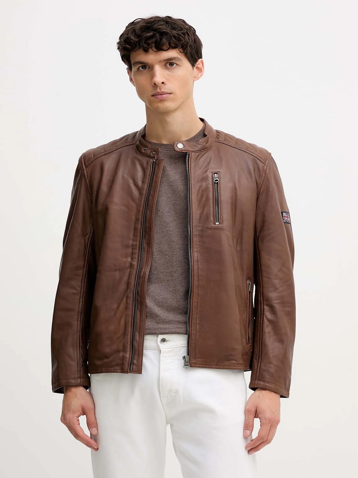 Ανδρικό δερμάτινο μπουφάν Pepe Jeans καφέ ταμπά χρώμα PM4027178 896 TOFFEE BROWN