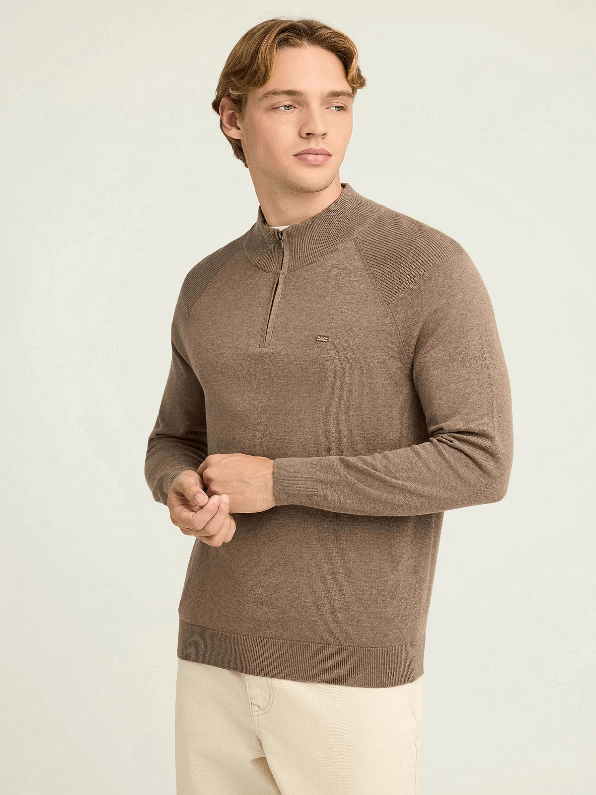 Ανδρικό μονόχρωμο half-zip πλεκτό πουλόβερ Funky Buddha μπέζ χρώμα