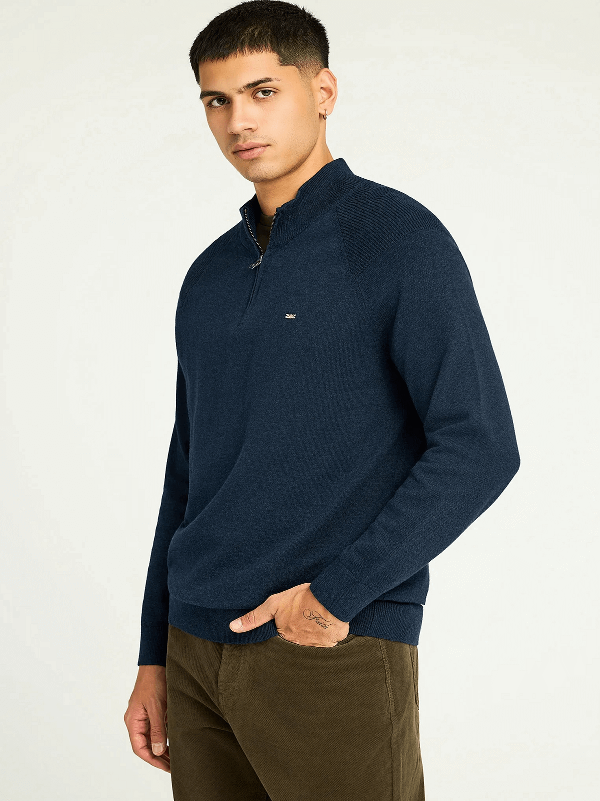 Ανδρικό μονόχρωμο half-zip πλεκτό πουλόβερ Funky Buddha μπλέ χρώμα