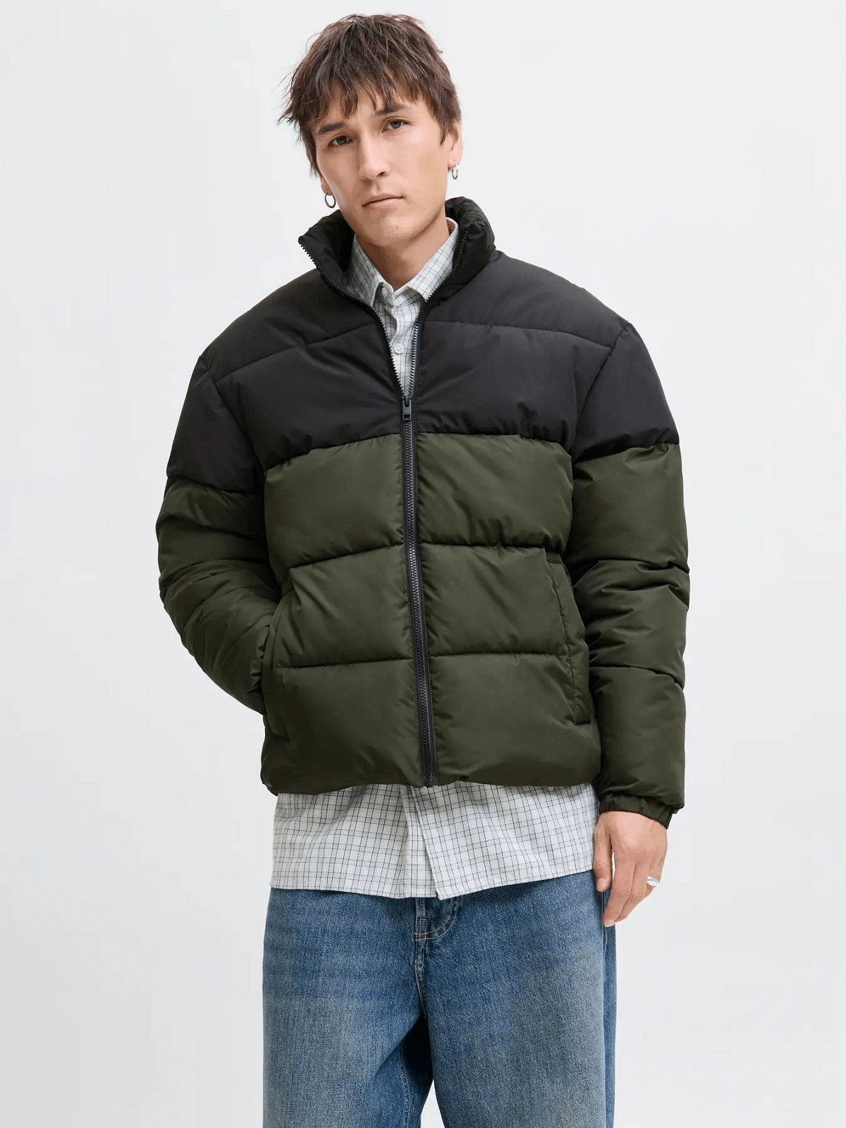 Ανδρικό μπουφάν puffer Jack&Jones λαδί-μαύρο χρώμα