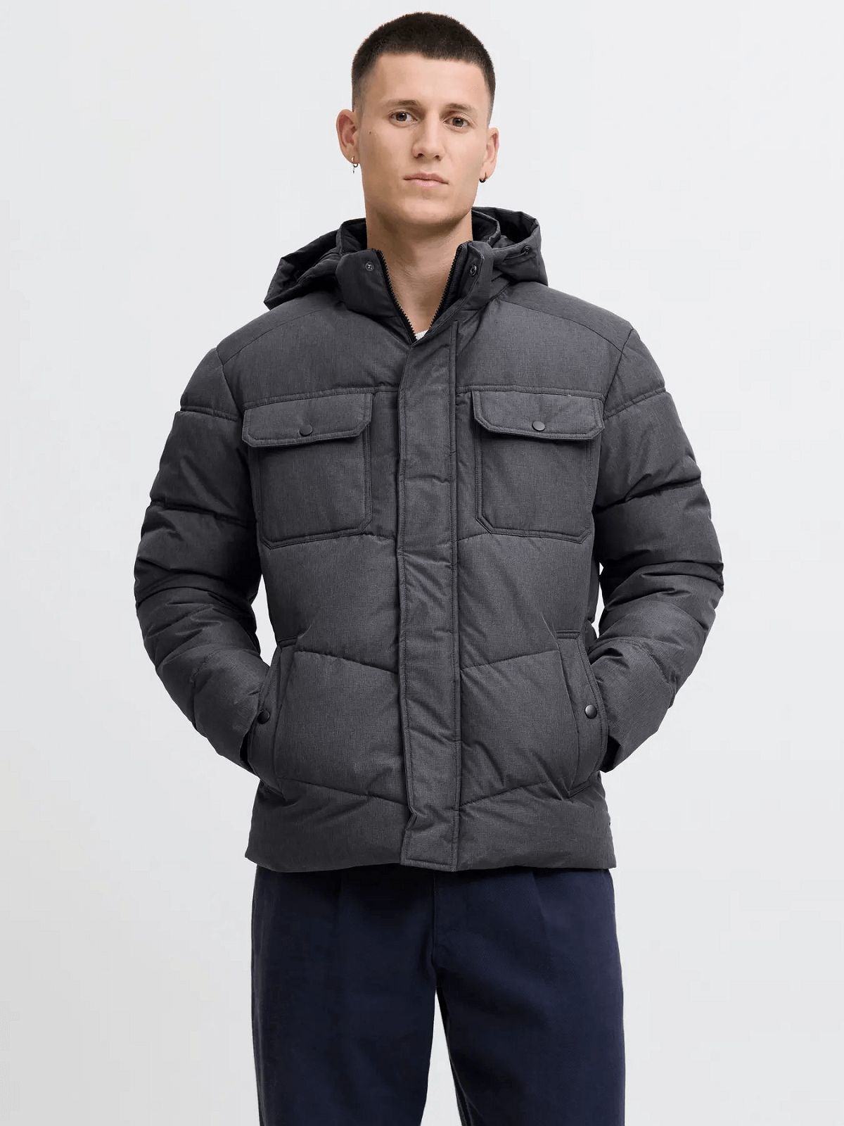 Ανδρικό μπουφάν puffer Jack&Jones γκρί ανθρακί χρώμα