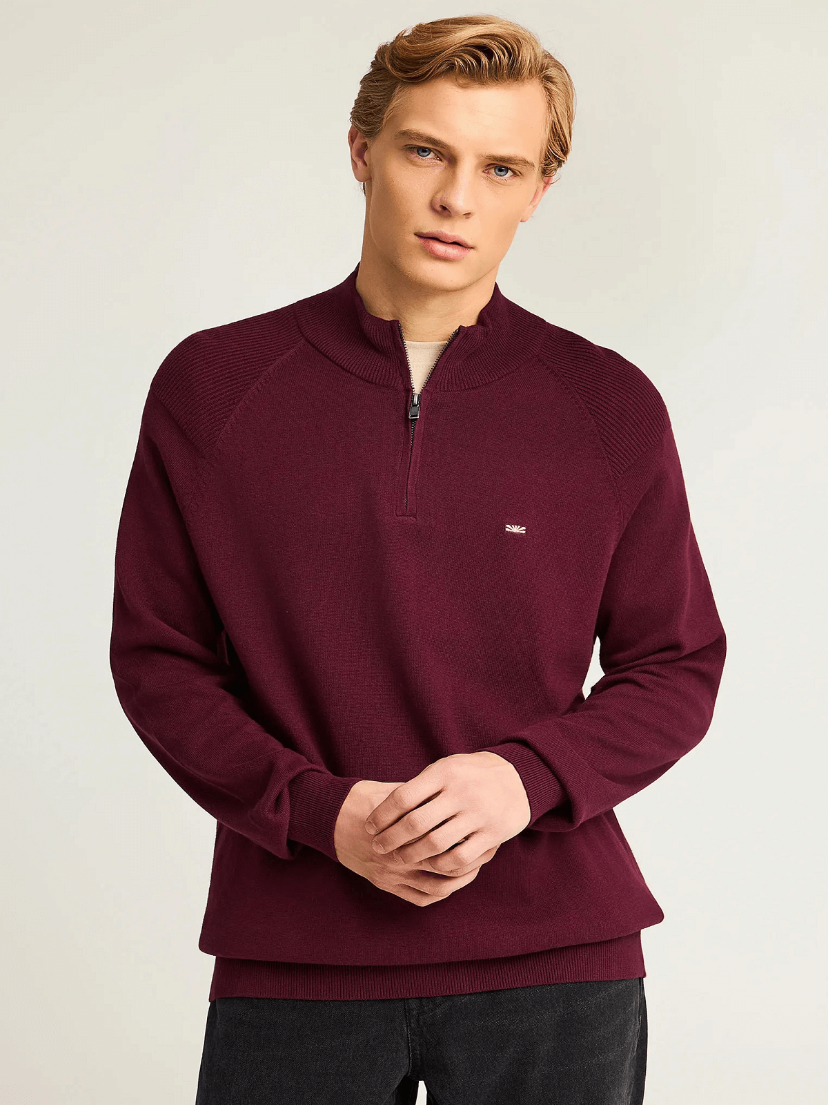 Ανδρικό μονόχρωμο half-zip πλεκτό πουλόβερ Funky Buddha μπορντό χρώμα