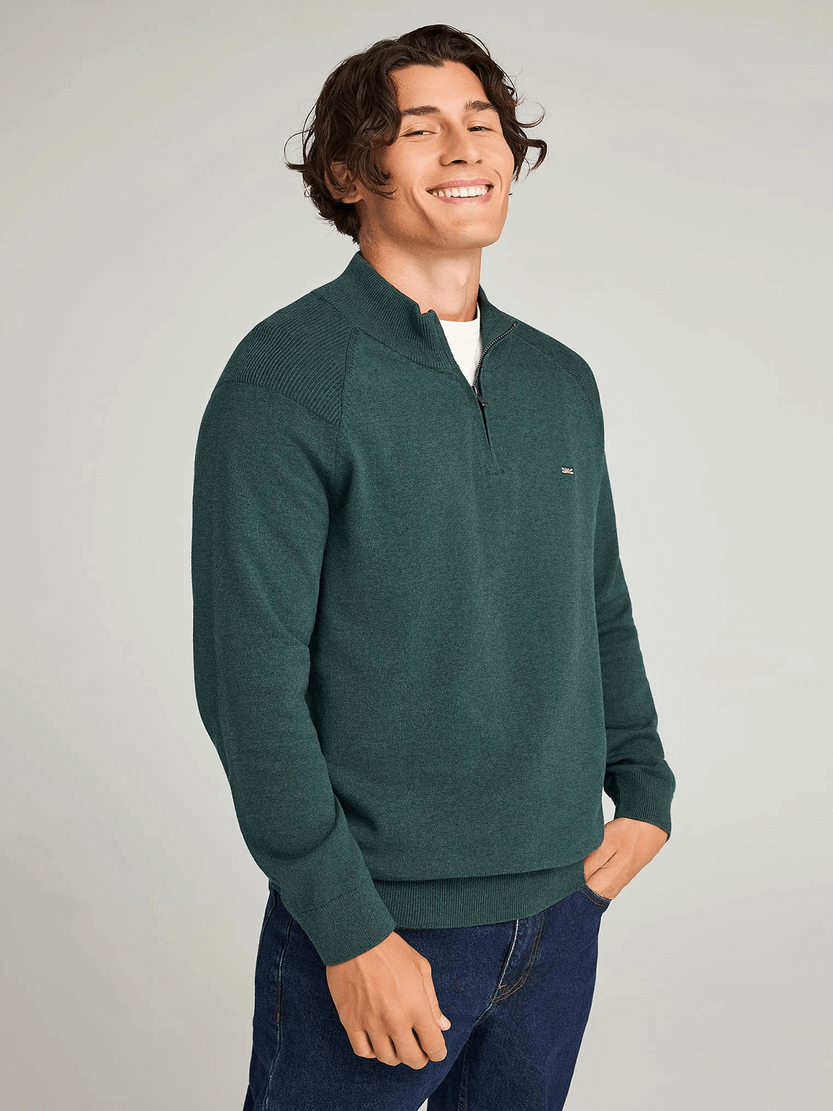 Ανδρικό μονόχρωμο half-zip πλεκτό πουλόβερ Funky Buddha πράσινο-λαδί χρώμα