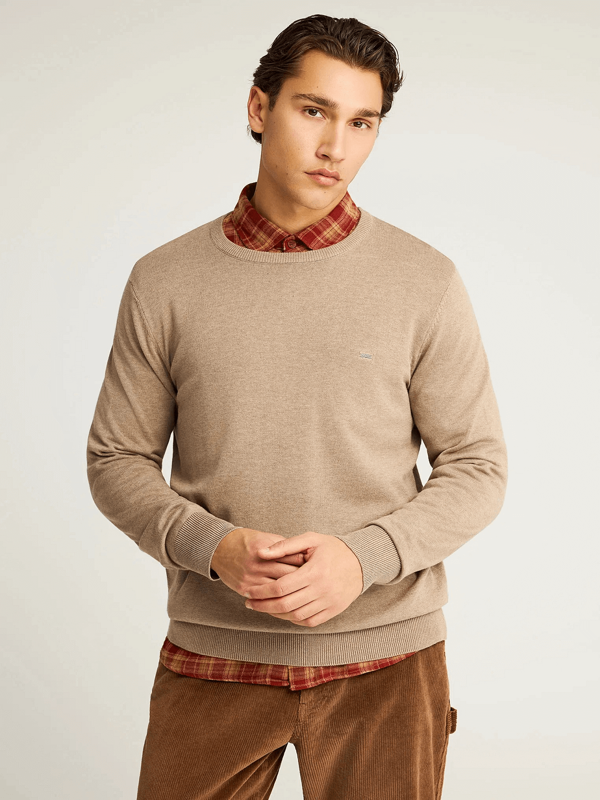 Ανδρικό βαμβακερό πουλόβερ με λαιμόκοψη Funky Buddha μπέζ χρώμα