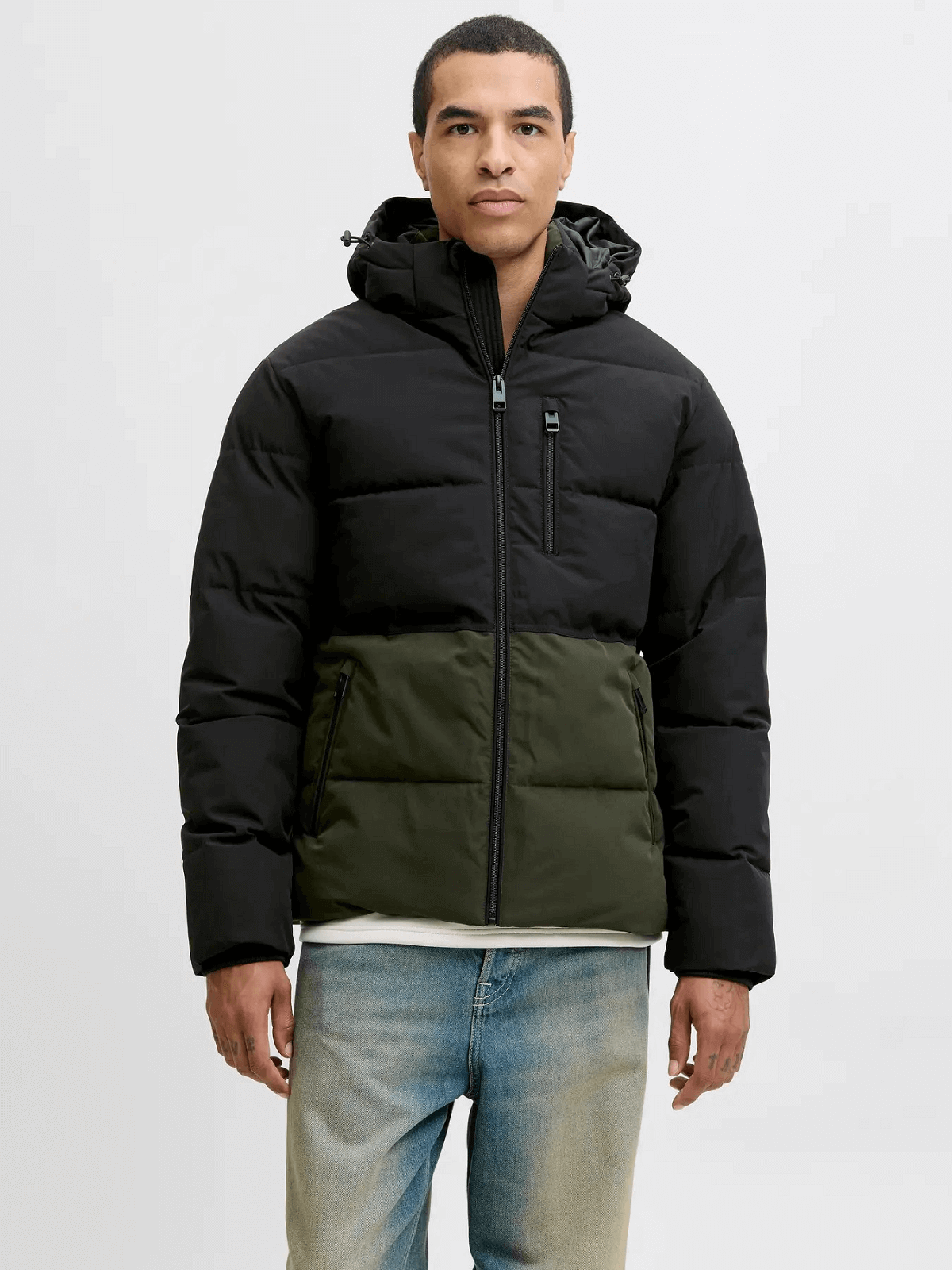 Ανδρικό μπουφάν puffer Jack&Jones λαδί-μαύρο χρώμα