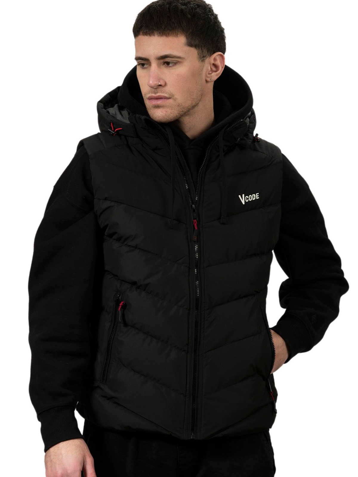 Ανδρικό αμάνικο μπουφάν (γιλέκο) με αποσπώμενη κουκούλα V CODE μαύρο χρώμα
