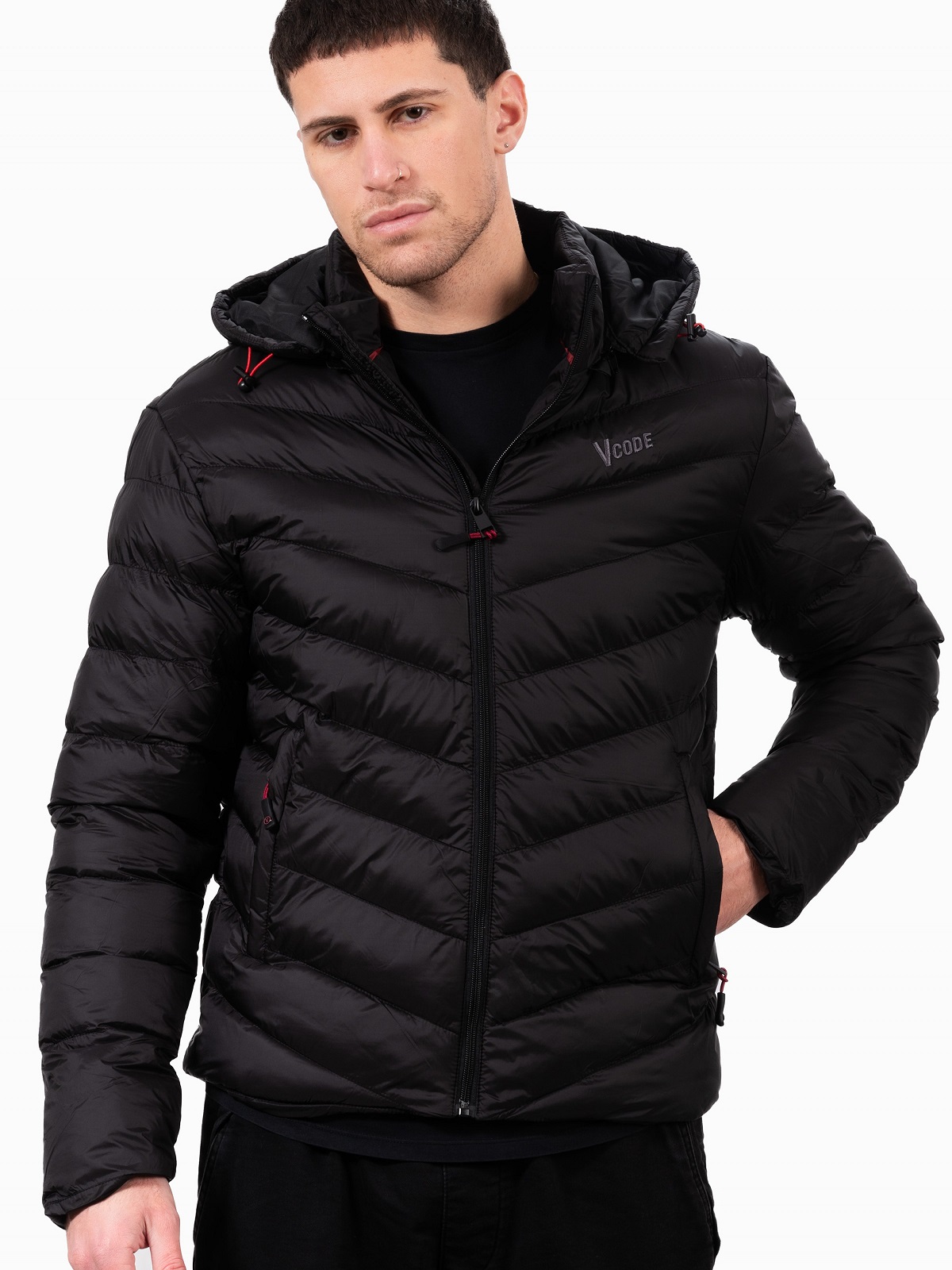 Ανδρικό casual μπουφάν σε στενή γραμμή Vcode μαύρο χρώμα