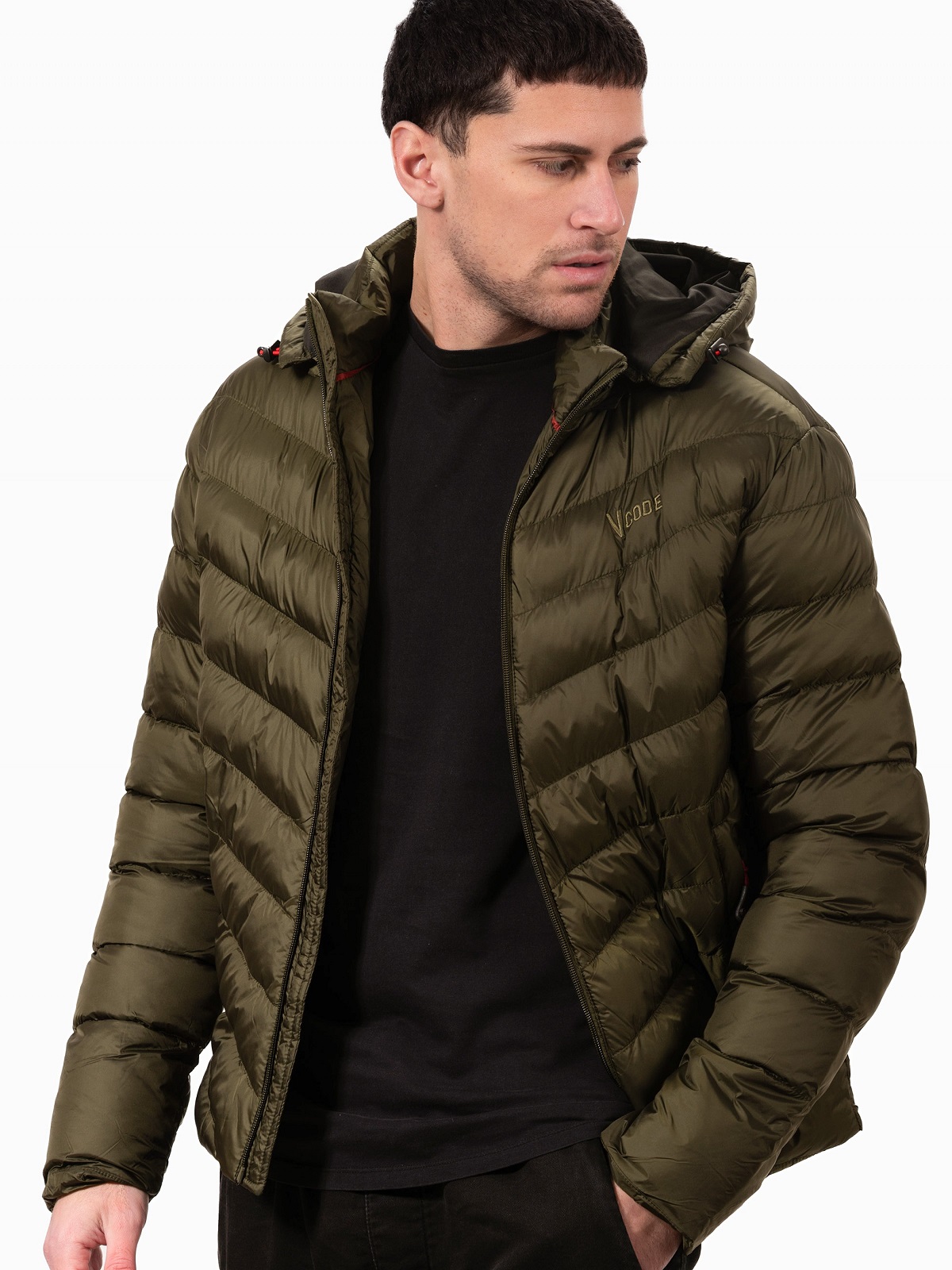 Ανδρικό casual μπουφάν σε στενή γραμμή Vcode λαδί χρώμα