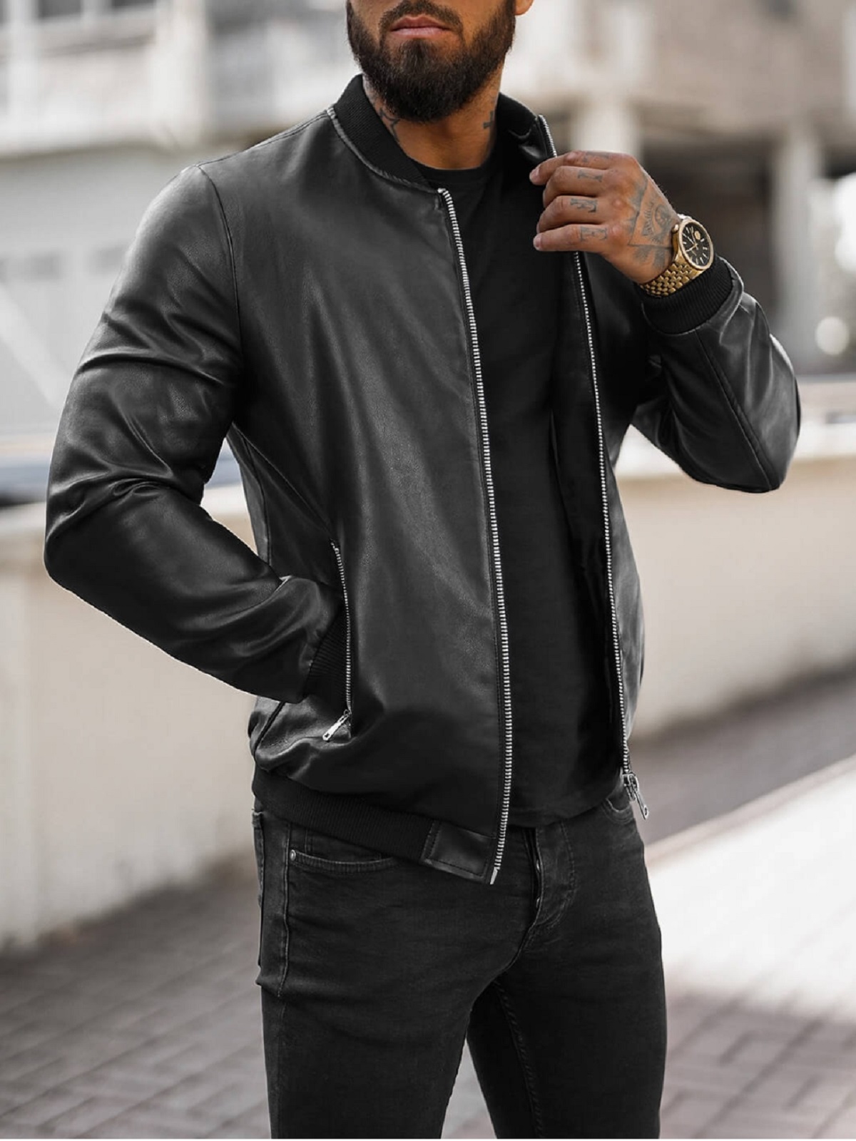 Ανδρική δερματίνη Bomber σε Slim fit μαύρο χρώμα