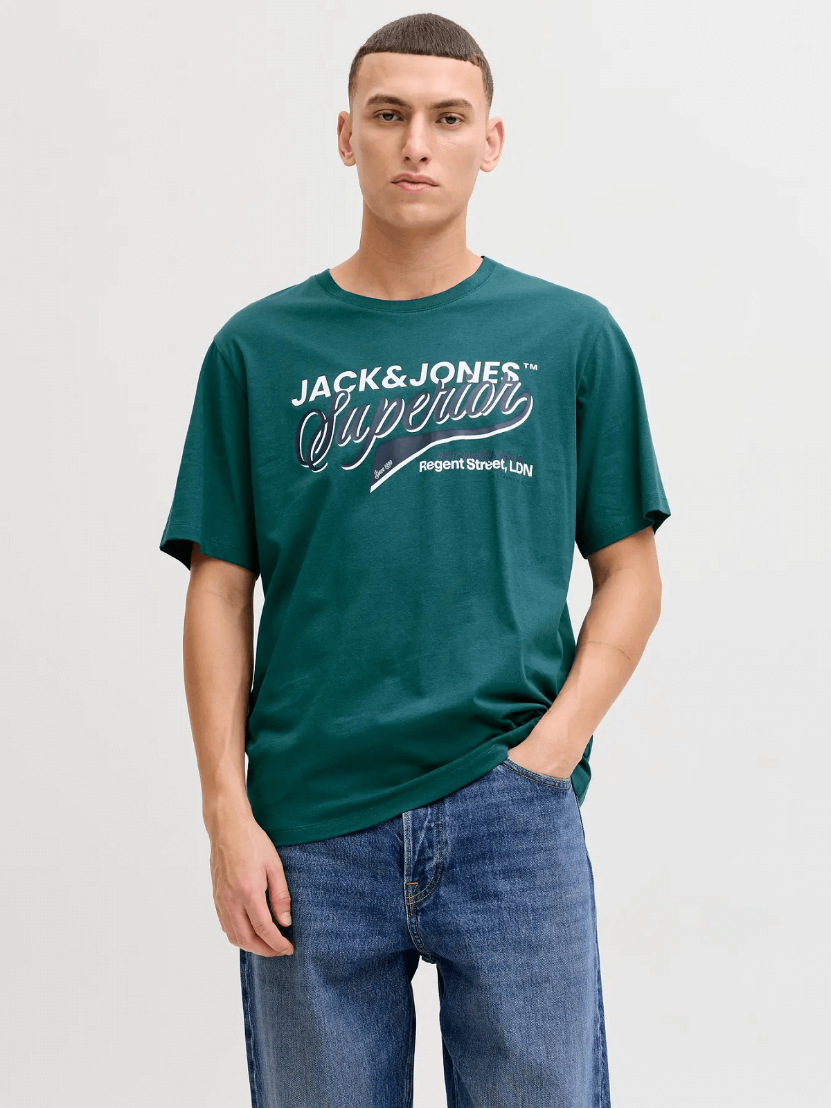 Ανδρικό βαμβακερό T-shirt με τύπωμα στο στήθος Jack&Jones πράσινο βεραμάν χρώμα