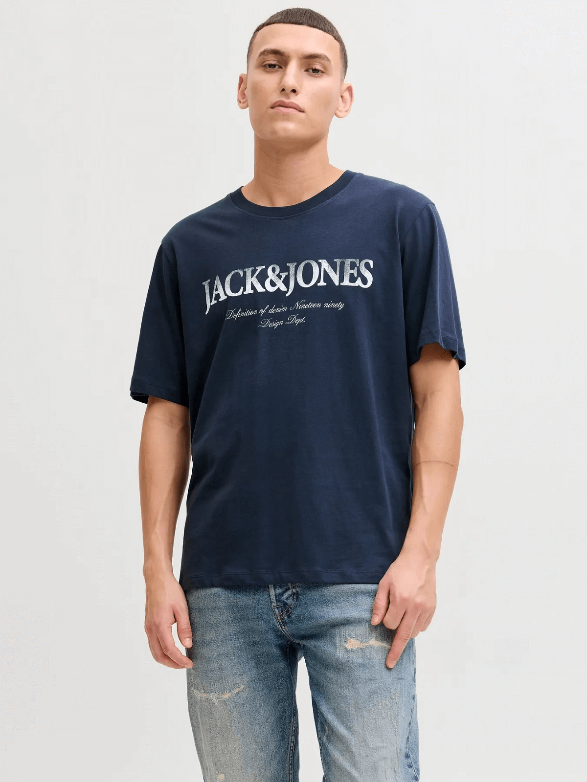 Ανδρικό βαμβακερό T-shirt με τύπωμα στο στήθος Jack&Jones μπλέ χρώμα