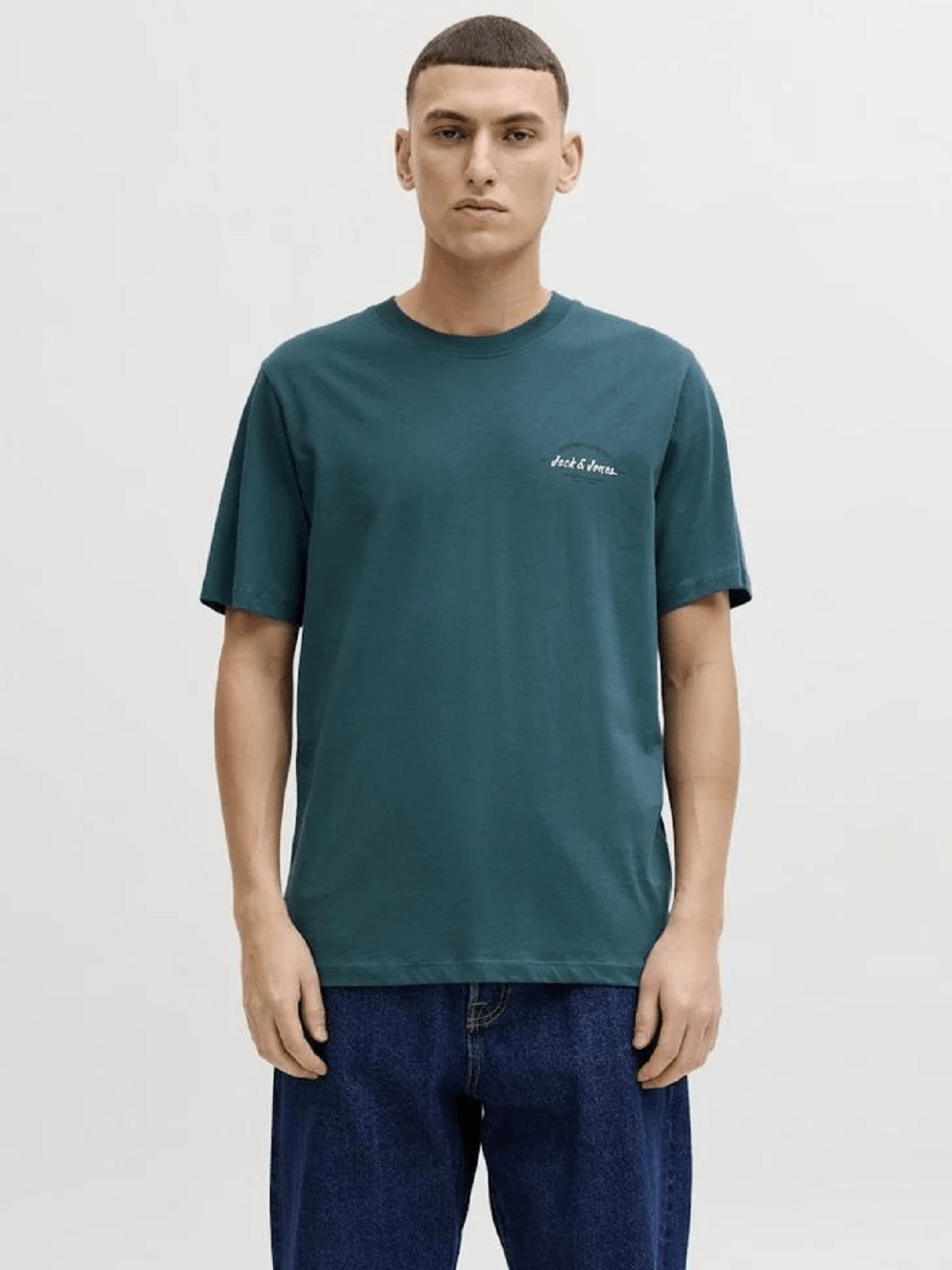 Ανδρικό βαμβακερό T-shirt με μικρό τύπωμα στο στήθος Jack&Jones πετρόλ χρώμα