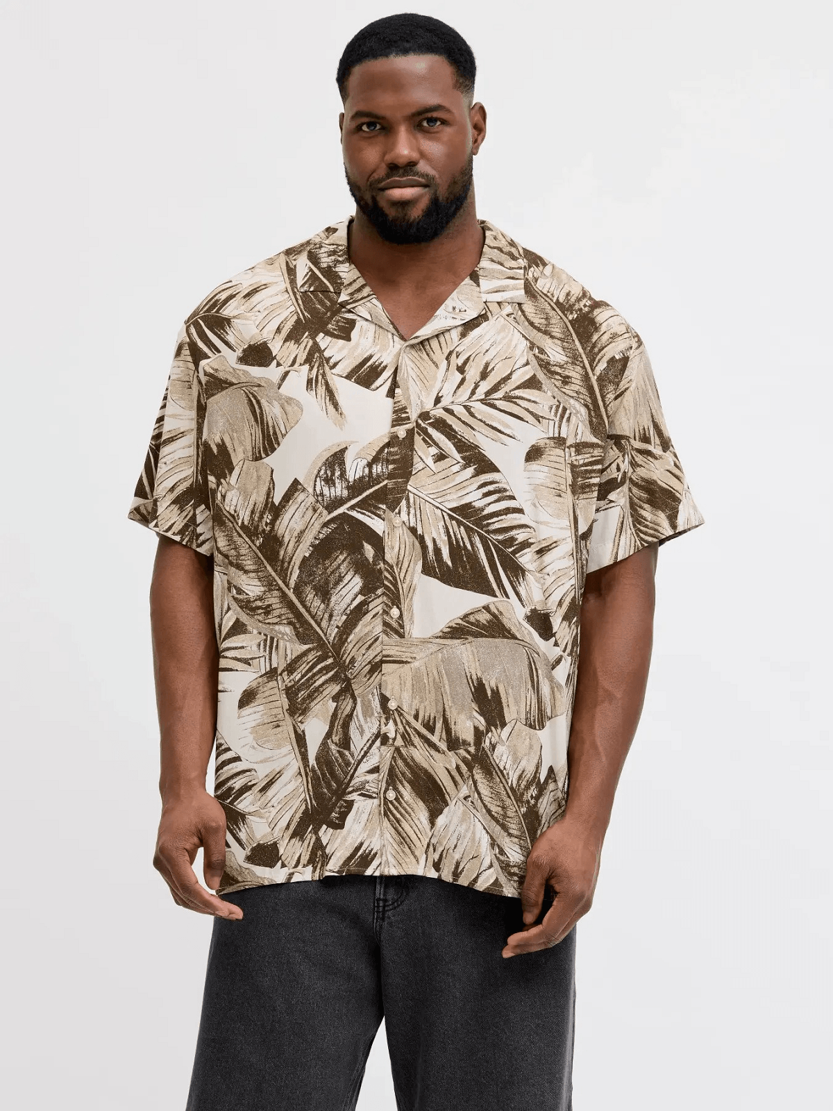 Ανδρική Plus size βισκόζ floral πουκαμίσα Jack&Jones μπέζ-καφέ χρώμα
