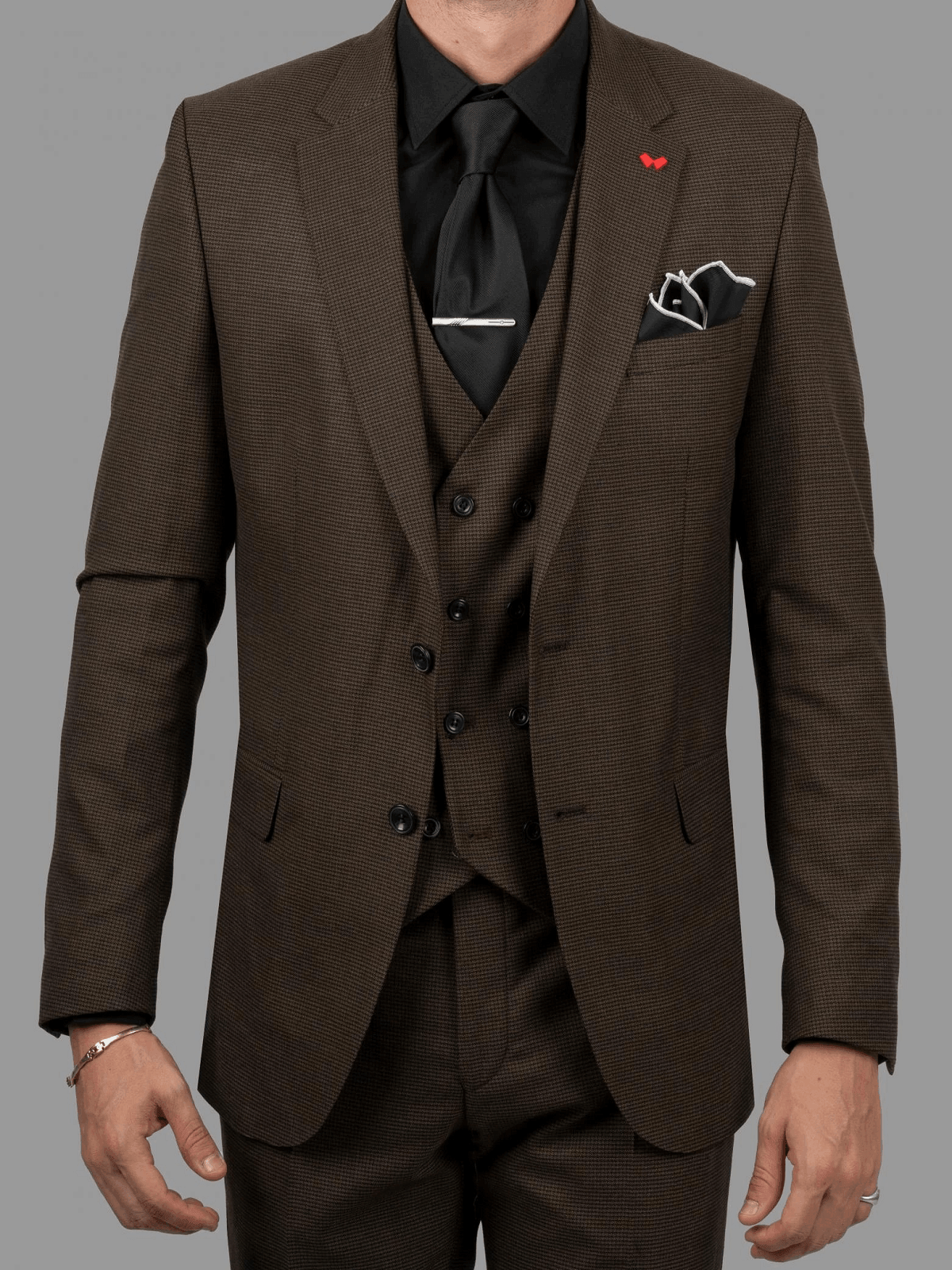 Ανδρικό PIED DE POULE κοστούμι slim fit DEZIGN καφέ χρώμα