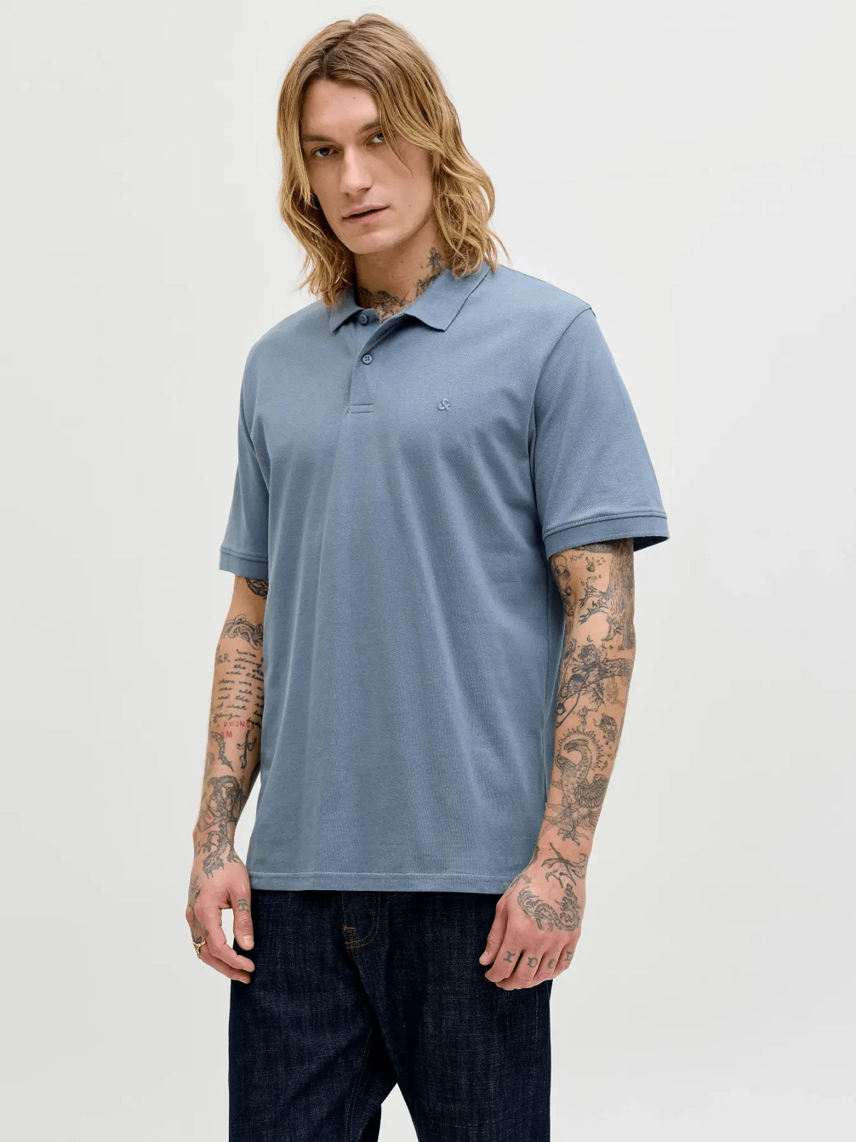 Μονόχρωμο βαμβακερό polo t-shirt σε στενή γραμμή Jack&Jones σιέλ-ράφ χρώμα