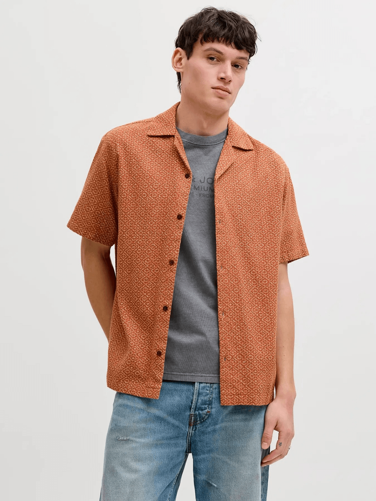 Βαμβακερό Relaxed Fit κοντομάνικο πουκάμισο Jack&Jones κεραμιδί χρώμα