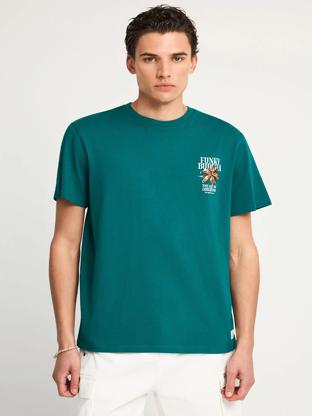 Ανδρικό βαβακερό t-shirt με τύπωμα στην πλάτη Funky Buddha πετρόλ χρώμα