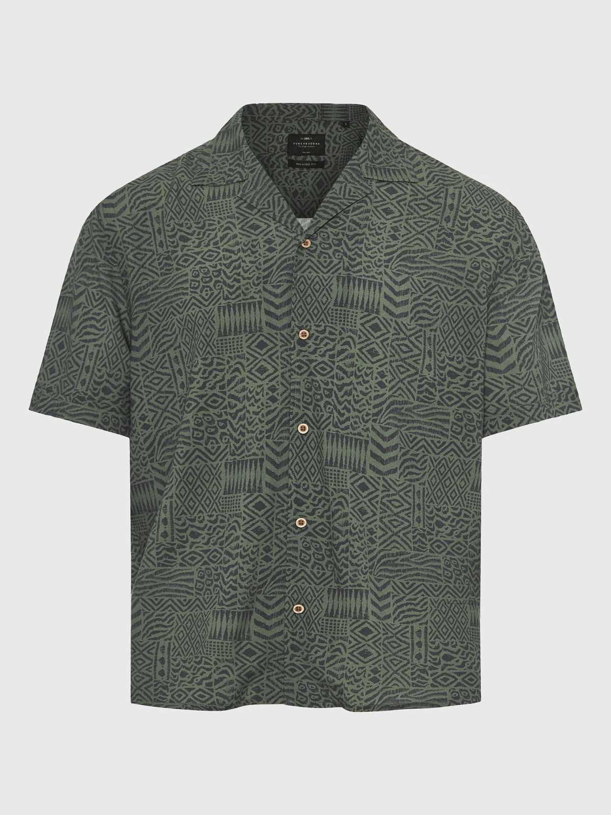 Ανδρικό κοντομάνικο πουκάμισο με τύπωμα Funky Buddka χακί χρώμα