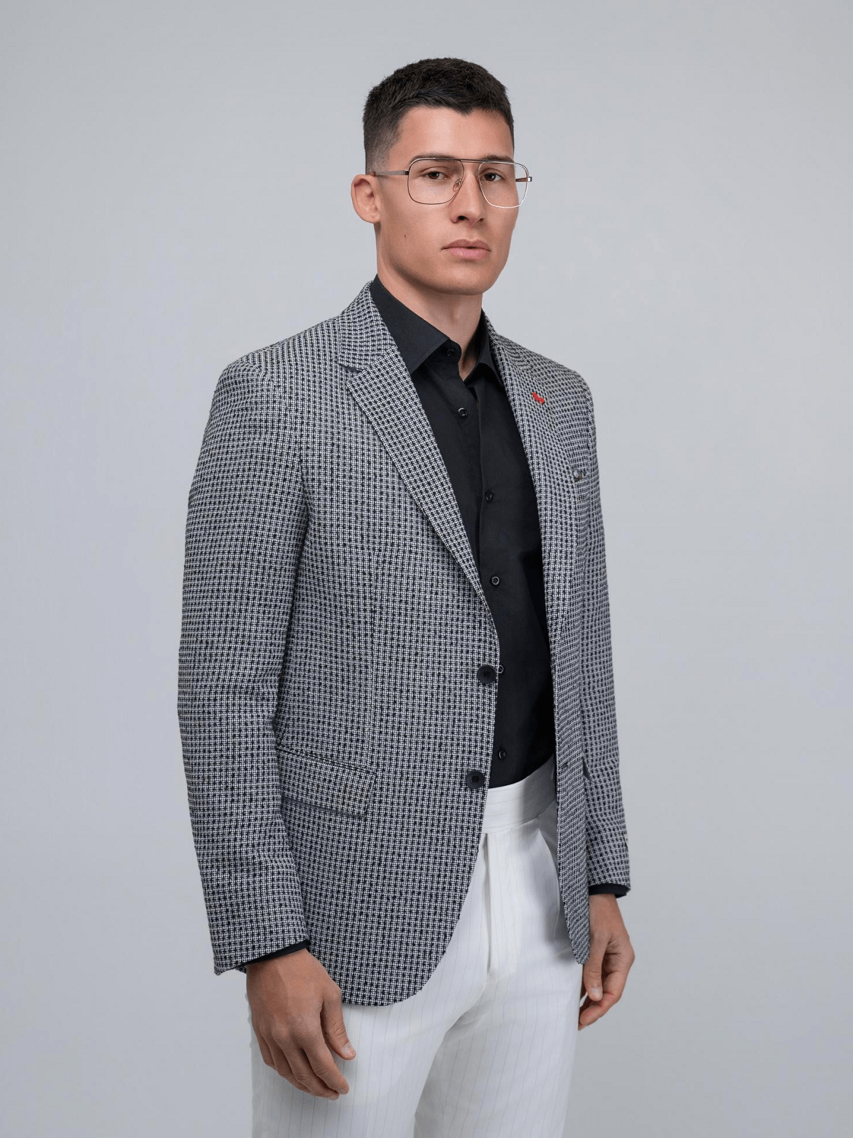 Ανδρικό λινό καρό slim fit σακάκι DEZIGN μαύρο χρώμα