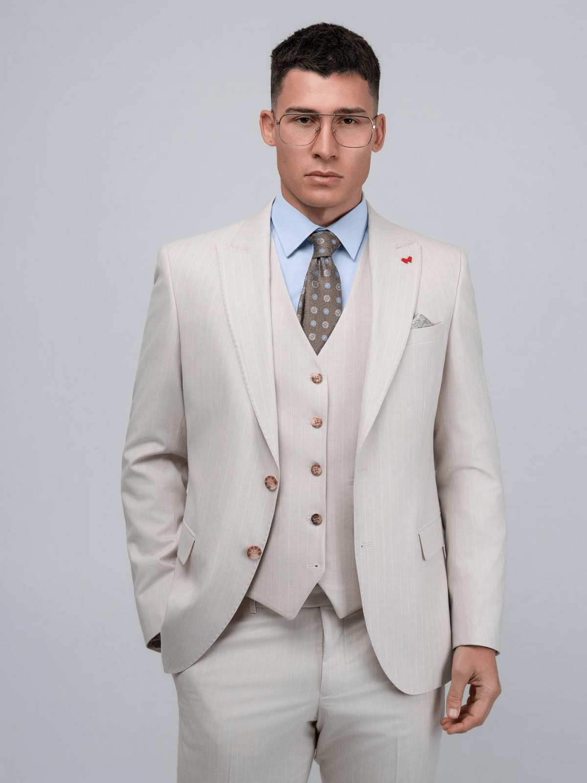 Ανδρικό Slim Fit μπέζ κοστούμι DEZIGN με DOUBLE FACE γιλέκο