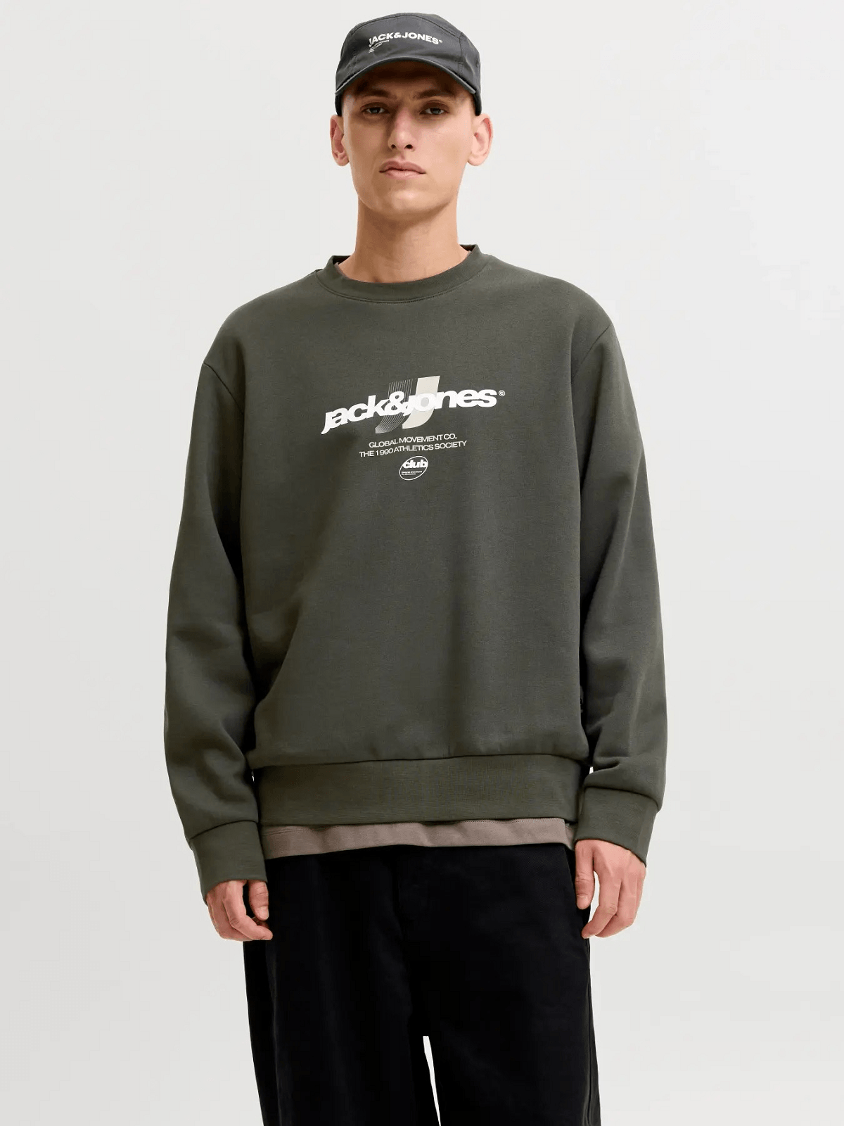 Ανδρικό φούτερ relaxed fit με λαιμόκοψη Jack&Jones σκούρο λαδί χρώμα