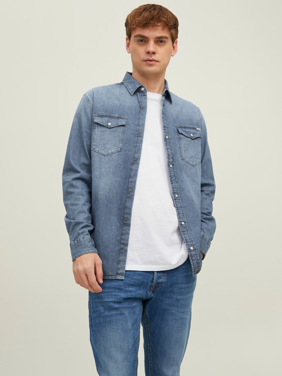 Ανδρικό πουκάμισο Jean Denim με τρούκς κουμπιά Jack&Jones μπλέ χρώμα
